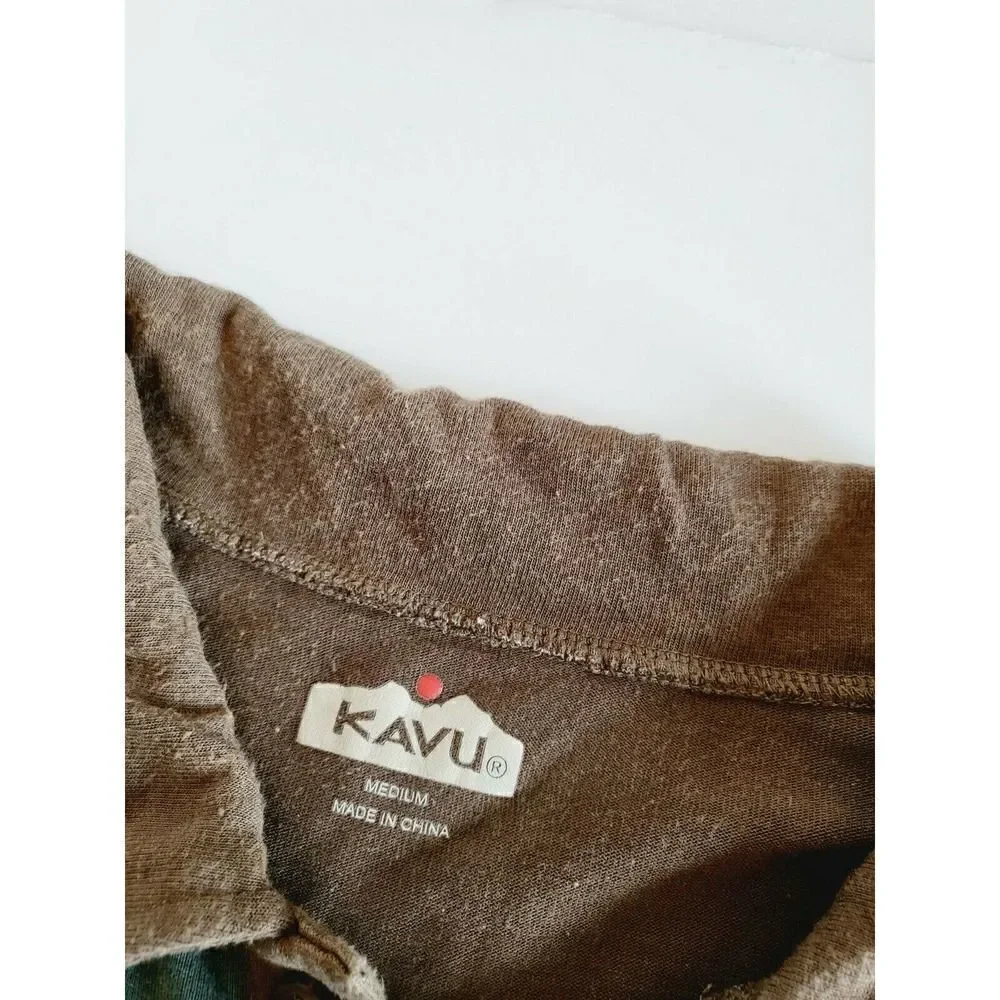 KAVU Men's Bamboo Polo Shirt Striped Short Sleeve Sz Medium Brown/Green